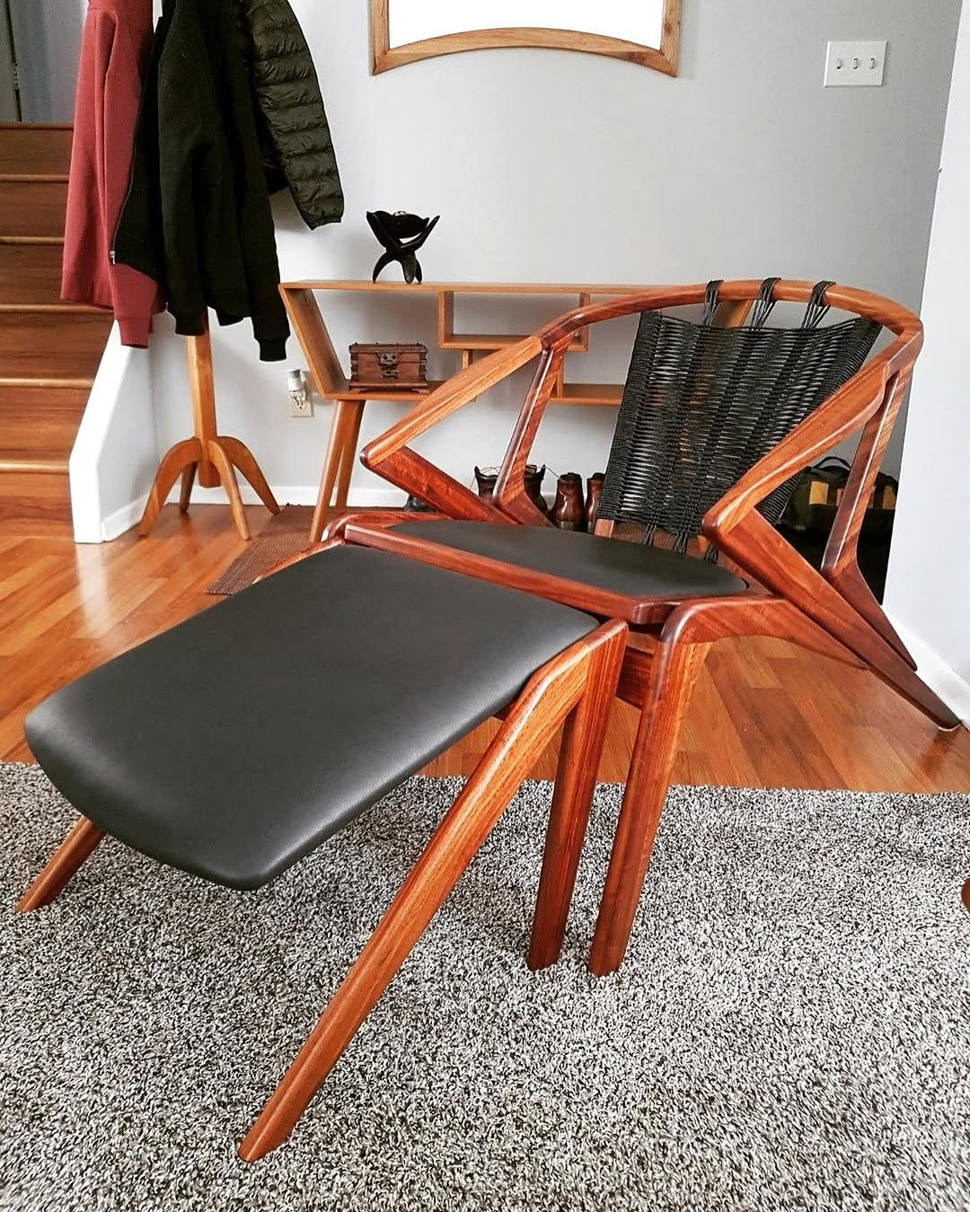 Black Woven Danish Paper Cord Lounge Chair With Footrest (Rosewood with Black Leather)